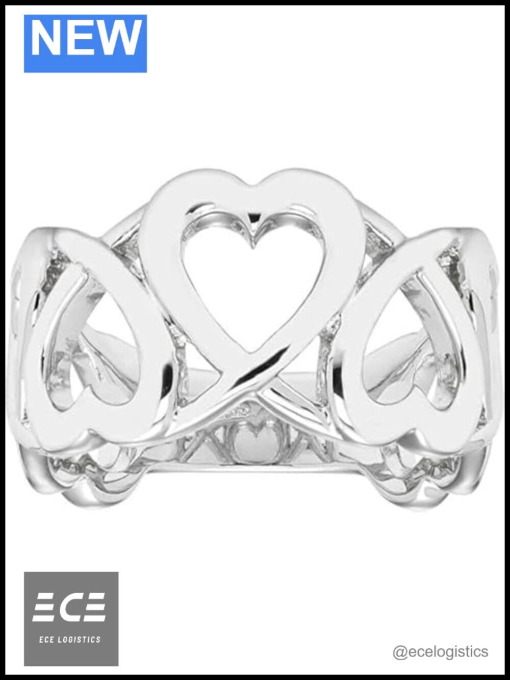 Sterling Silver Wide Band Ring Open Linked Heart Design